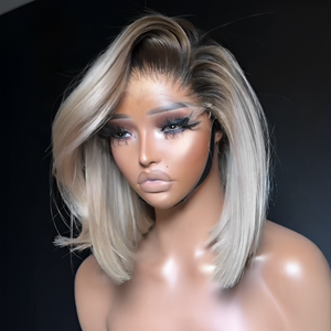 613 Ombre Ash Blonde Balayage Layered Cut Bob With Dark Root 13x4 Lace Front Wig