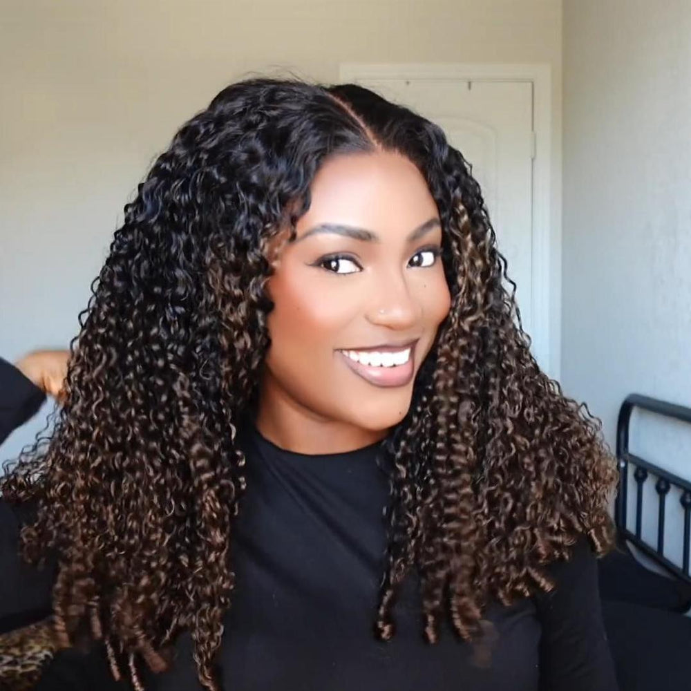 Ombre Chestnut Kinky Curly Lace Closure Wig With Finger Coily Ended
