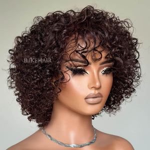 Dark Brown Curly Bob Lace Closure Wig With Bangs