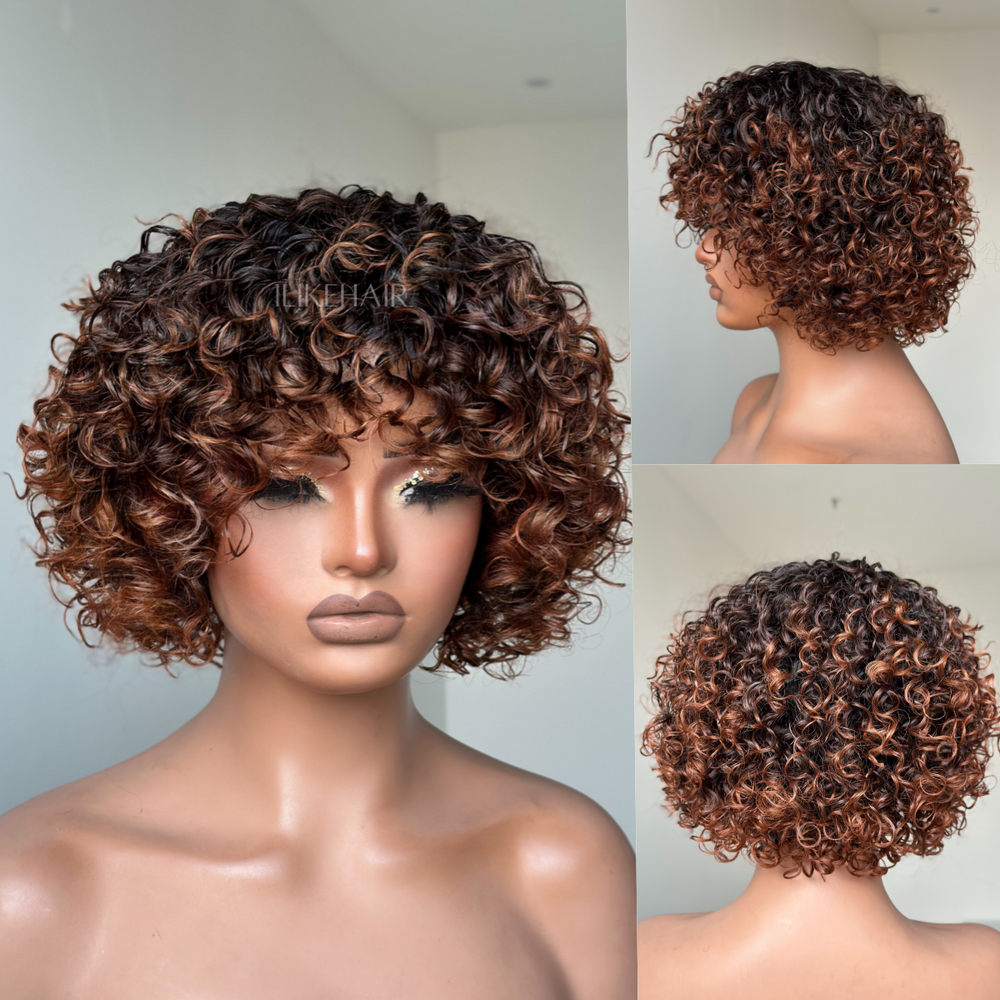 
            
                Load image into Gallery viewer, Put On &amp;amp; Go Short Ombre Auburn Brown Curly Wig With Bangs
            
        