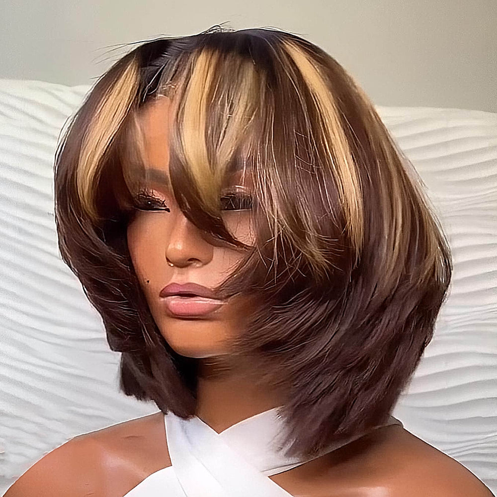 Face-framing Highlights Blonde Brown Layered Bob with Bang