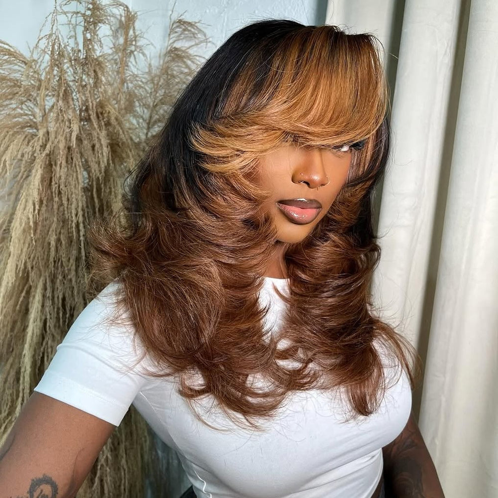 
            
                Load image into Gallery viewer, Brown Bottle Layered Cut Wig with Blonde Side Bang
            
        