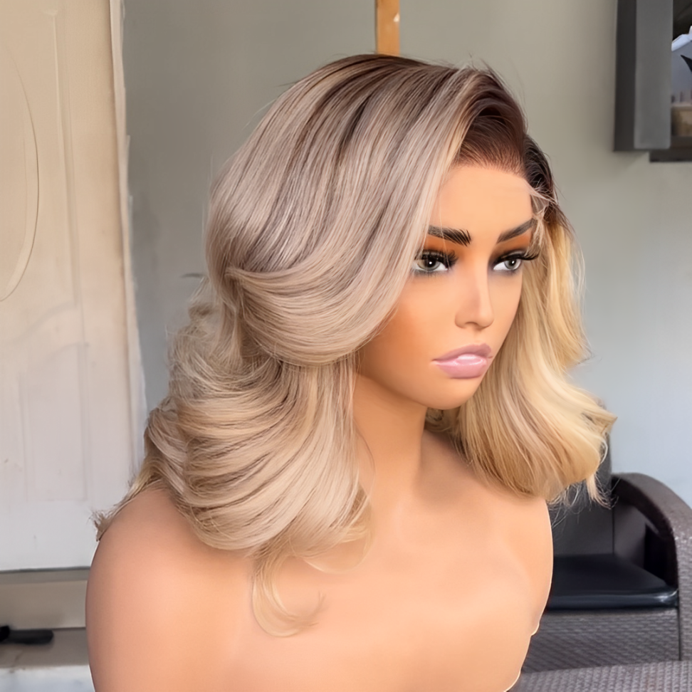 613 Blonde Body Wave Bob With Brown Root 13x4 Lace Front Wig