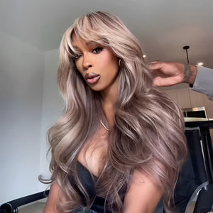 613 Balayage Ash Blonde Layered Cut Wave Lace Wig With Bang