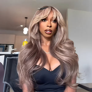 613 Balayage Ash Blonde Layered Cut Wave Lace Wig With Bang