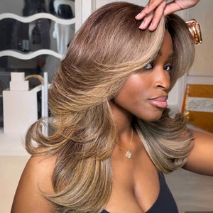 613 Balayage Blonde Highlight Mix Black Layered Cut Wave Lace Wig