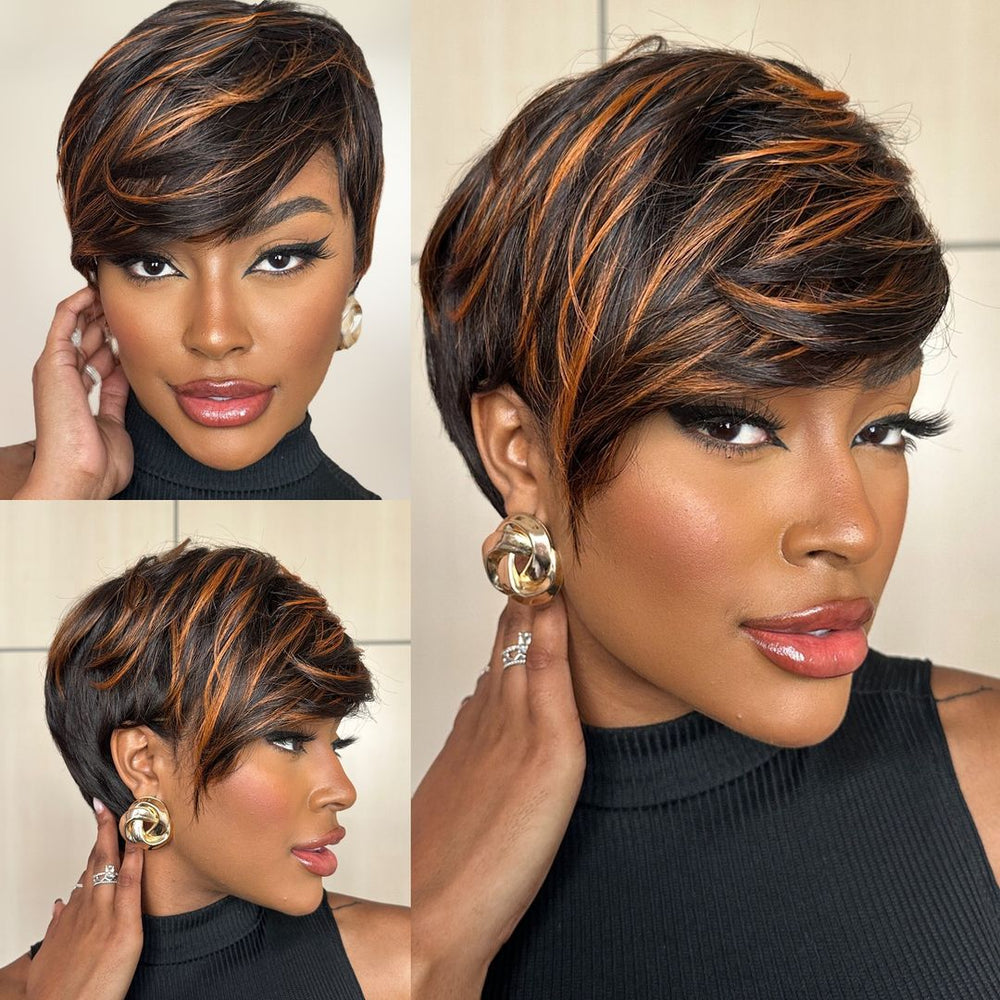 Boss Lady Brown Highlights Layered Pixie Cuts  13x4 Lace Front Wig