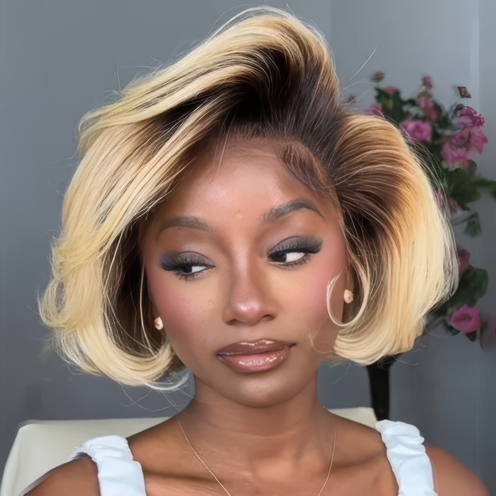 Ombre 613 Blonde Bob With Black Root 13x4 Lace Front Wig