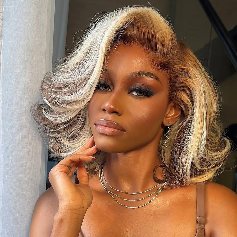 
            
                Load image into Gallery viewer, Ombre 613 Blonde Wave Bob With Dark Root Balayage 13x4 Lace Front Wig
            
        