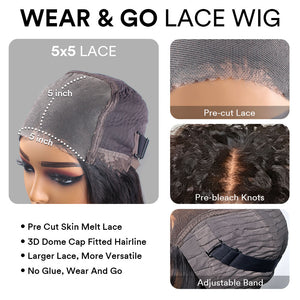 Wear & Go Short Water Wave Bob 5x5 Pre Cut HD Lace Kinky Edges Wig