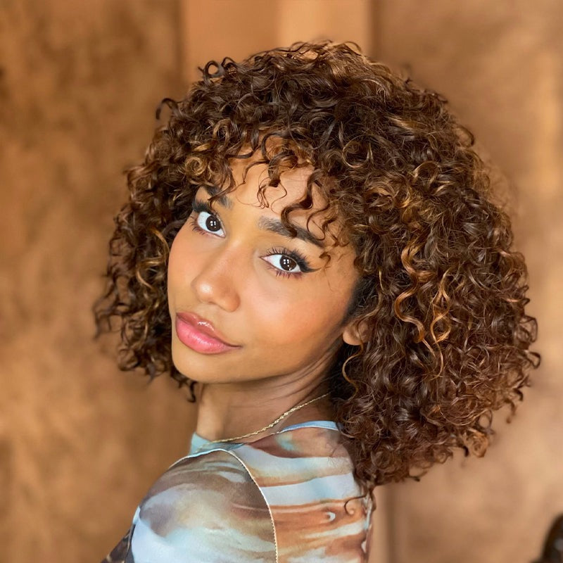 Glueless Blonde Highlight Curly Hair Wig With Bangs