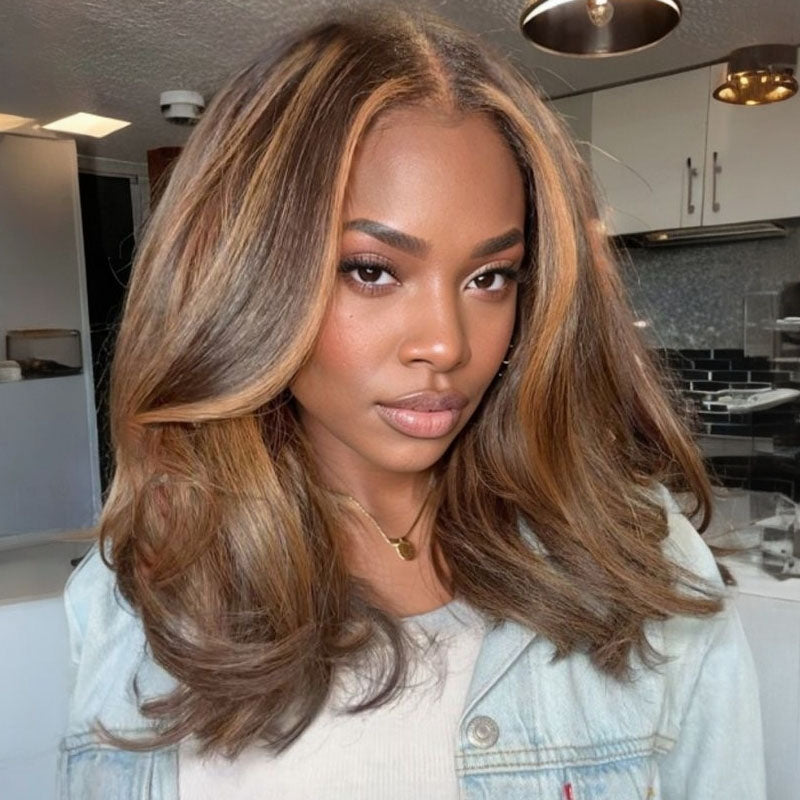Brown Wavy Hair with Blonde Highlights Lace Front Wig Human Hair