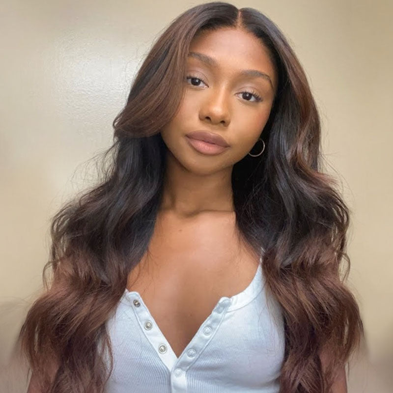 Rich Honey Brown Ombre with Long Layered Curtain Bangs Lace Front Wigs