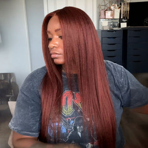 Pre Colored Kinky Straight Reddish Brown Kinky Edges 13x4 Lace Front  Wig