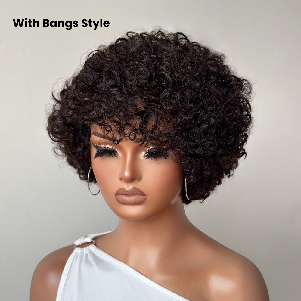Voluminous Curly Human Hair Wig With Bangs