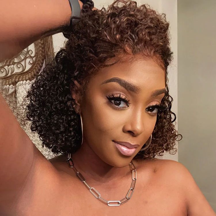Glueless Highlight Chocolate Brown Bob Curly 13x4 Frontal Lace Wig