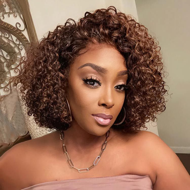 Glueless Highlight Chocolate Brown Bob Curly 13x4 Frontal Lace Wig