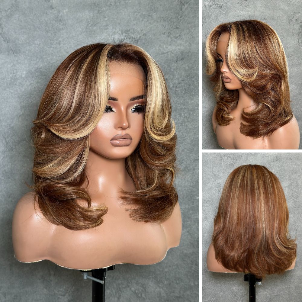 613 Blonde Highlight With Brown Root Layered Wavy Lace Wig