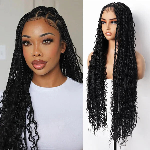 Full Lace Knotless Boho Curls Braided Invisi Drawstring Synthetic Hair Wig