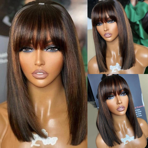 
            
                Load image into Gallery viewer, Short Brown Highlights With Bang Glueless Human Hair Wig
            
        