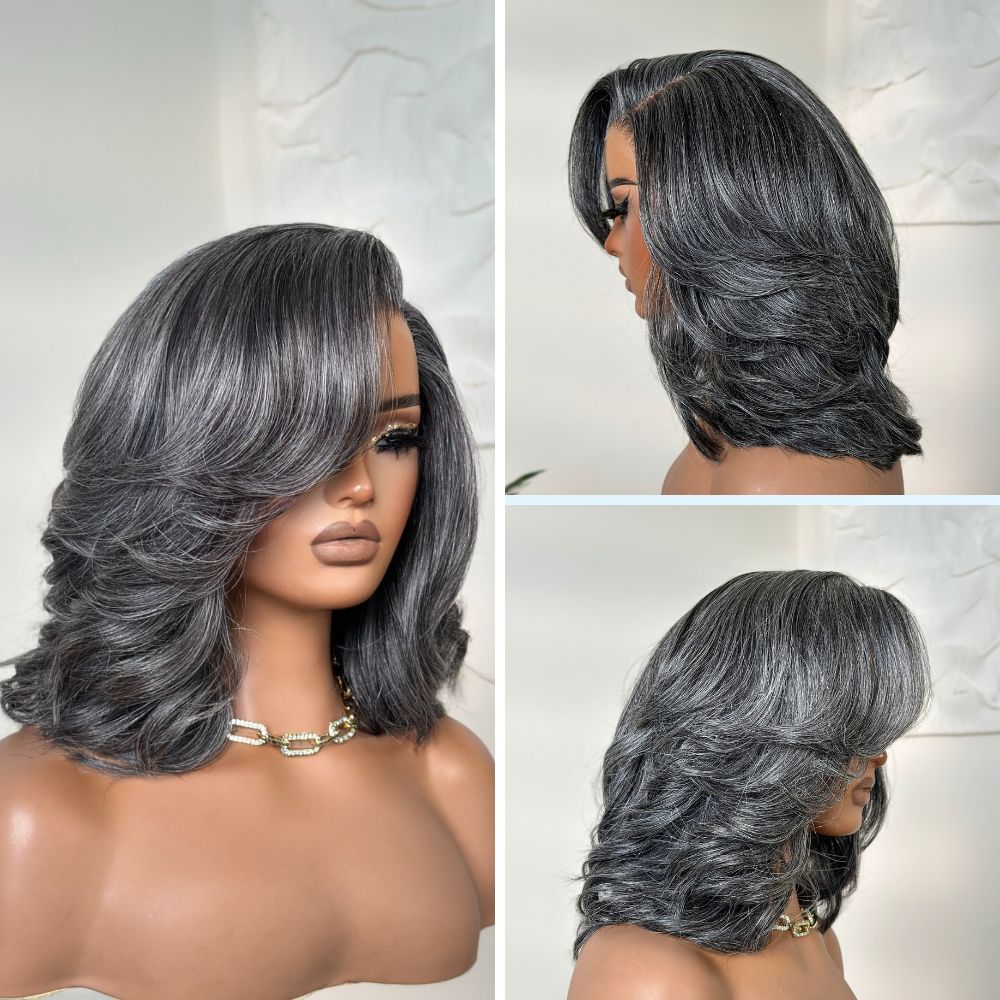 Vintage Salt and Pepper Grey Volume Layered Body Wave Side Part Wig