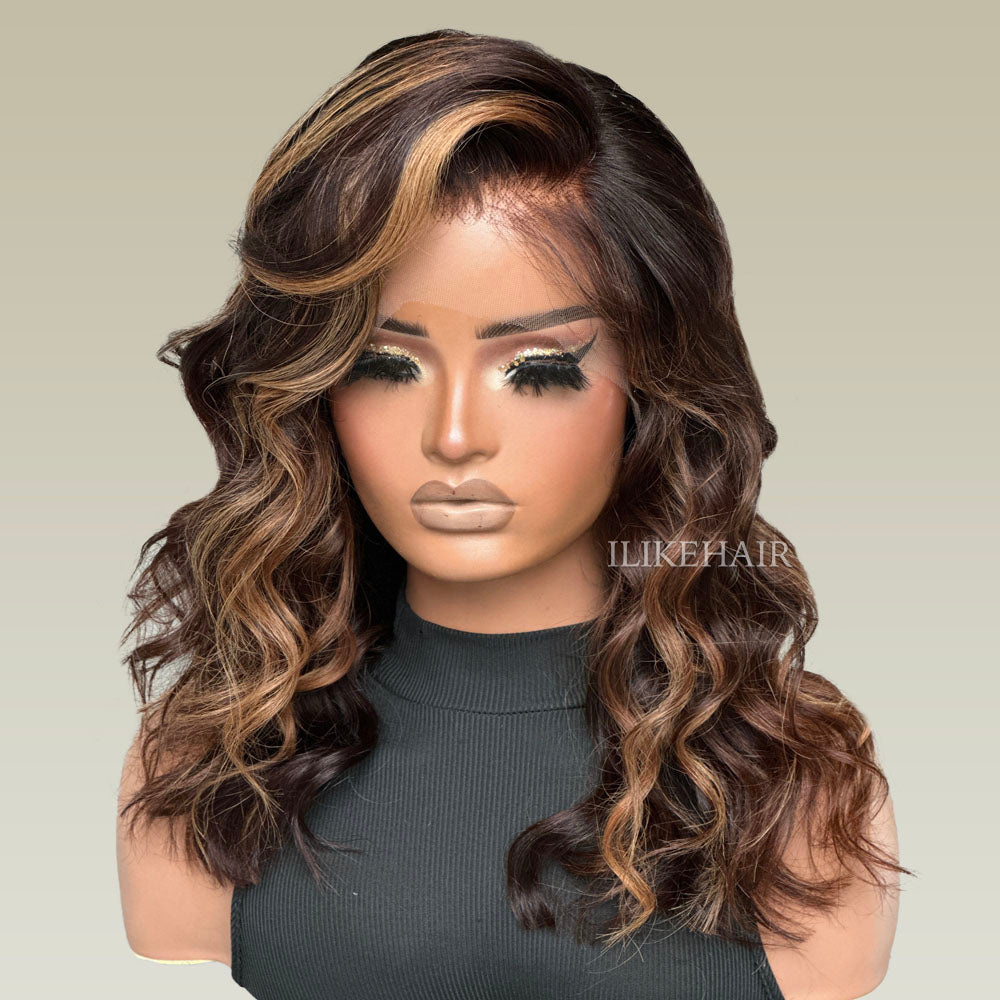 Brown With Blonde Highlights Wavy 13x4 Lace Front Wig