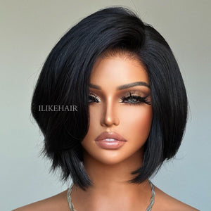 Chic Natural Black Layered Cut Bob Lace Closure Wig