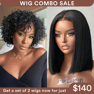 Wig Combo 10-Pixie Curly Wig+Straight Bob Wig