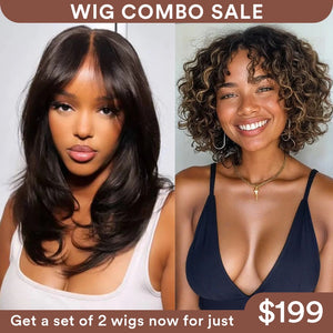 Wig Combo 1-Layered Curtain Bang Wig+ Blonde Curly Higlight Wig