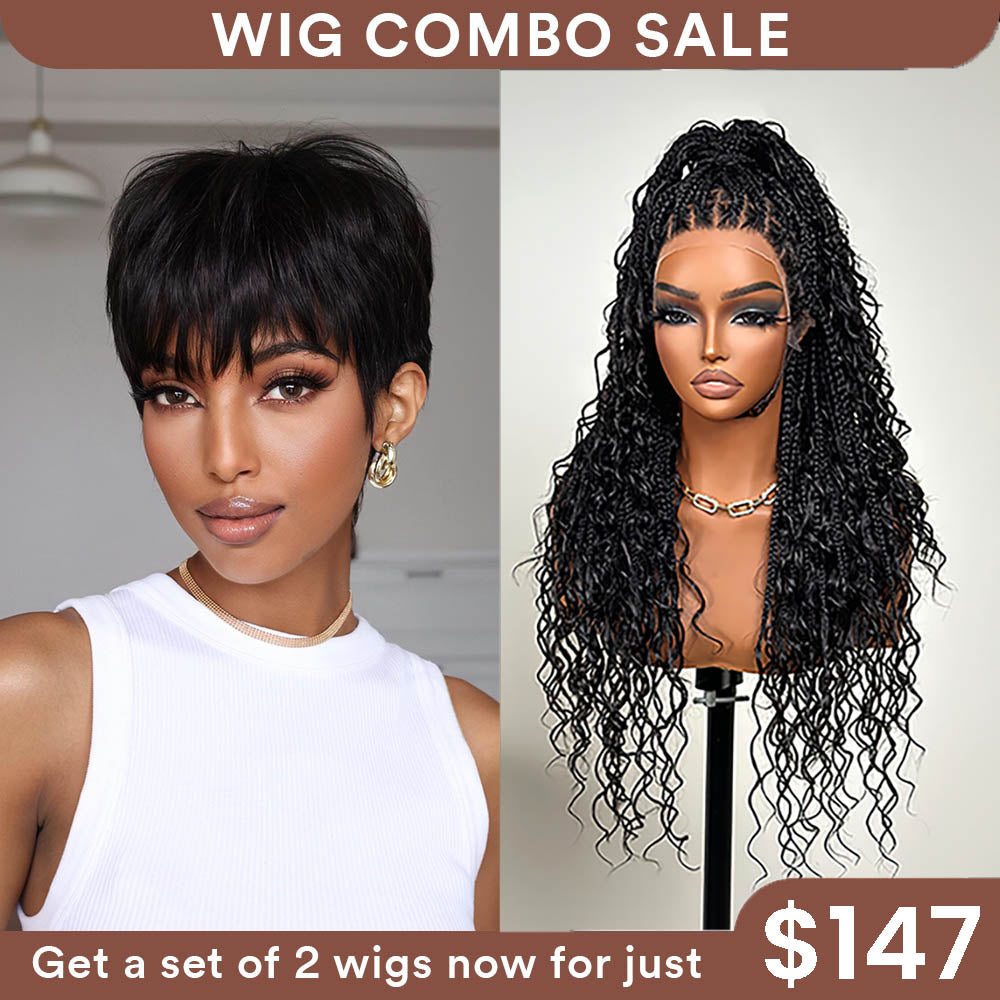 Wig Combo 13-Pixie Wig+ Full Lace Box Braids Wig 4 Colors