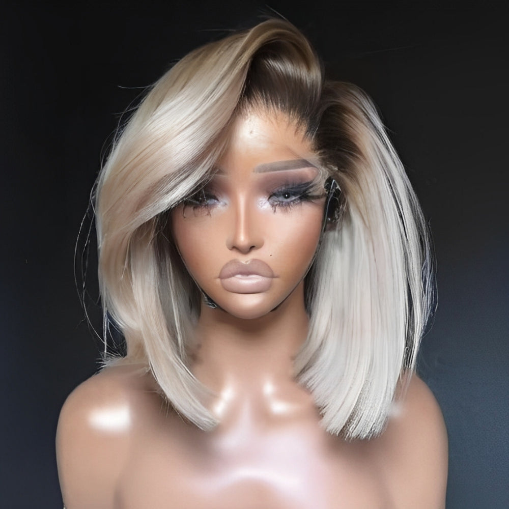 613 Ombre Ash Blonde Balayage Layered Cut Bob With Dark Root 13x4 Lace Front Wig