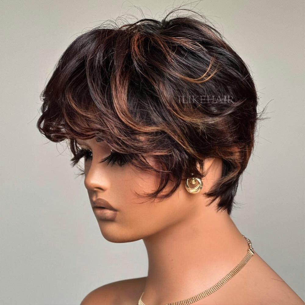 Glueless Brown Highlight Layered Pixie Cut Wig With Bangs