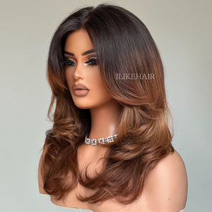 Fall Vibe Ombre Brown Layered Wavy With Curtain Bangs Lace Closure Wig