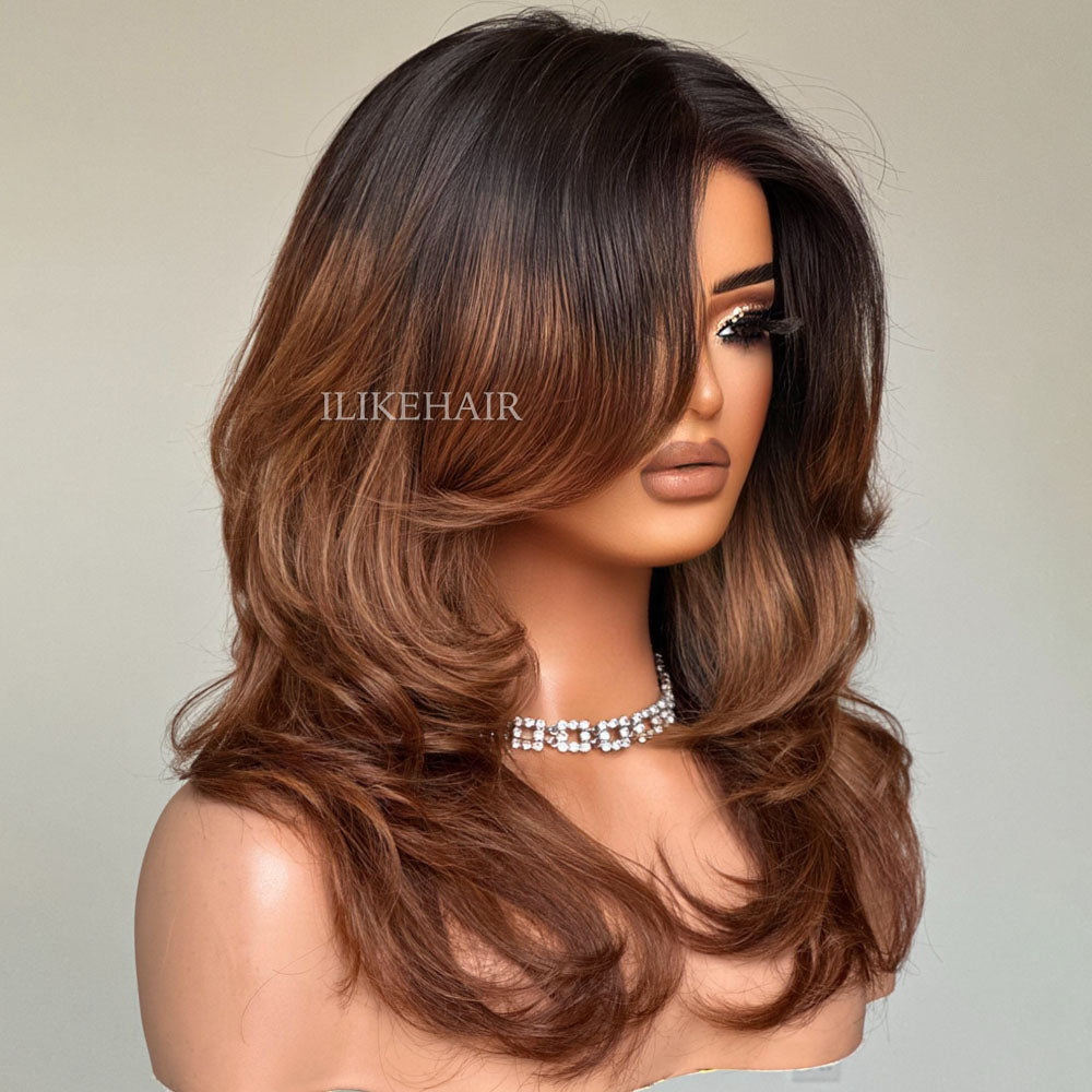 Fall Vibe Ombre Brown Layered Wavy With Curtain Bangs Lace Closure Wig