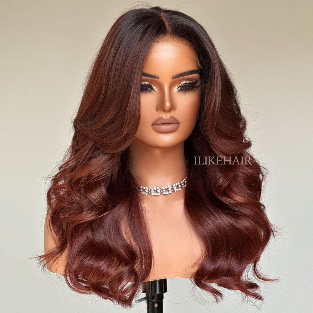 Long Layers Ombre Reddish Brown Body Wave Lace Closure Wig