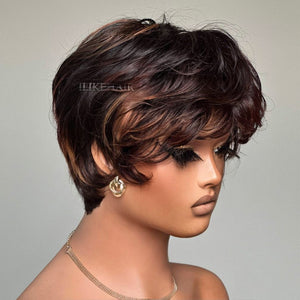 Glueless Brown Highlight Layered Pixie Cut Wig With Bangs