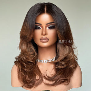 Fall Vibe Ombre Brown Layered Wavy With Curtain Bangs Lace Closure Wig