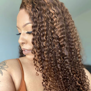 Brown and Golden Highlights Curly 13x6 Lace Frontal Wig