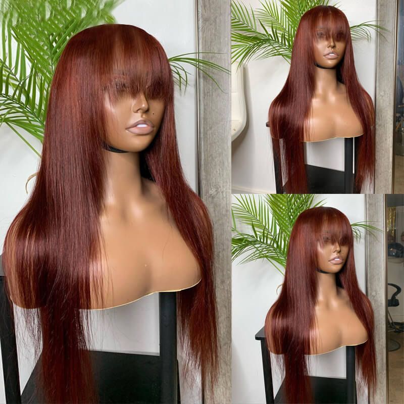 Reddish Brown Straight Glueless Human Hair Wig With Bangs