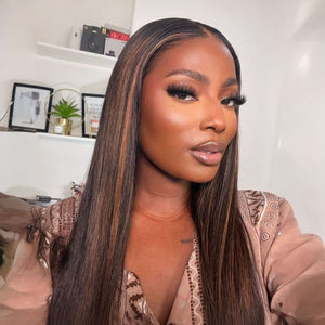 Kinky Straight Chestnut Brown Highlights Glueless Lace Front Wig