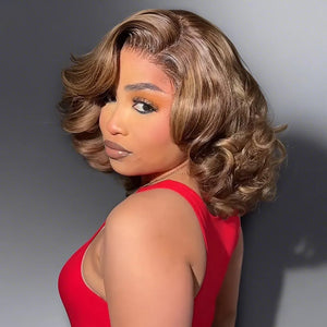 613 Blonde Highlight With Brown Layered Wave Bob 13×4 Lace Frontal Wig
