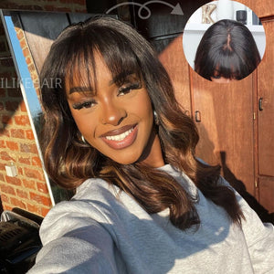 
            
                Load image into Gallery viewer, Ombre Chestnut Brown Highlights Designer Layered Wavy Curtain Bangs 5x5 Lace Closure Wig
            
        