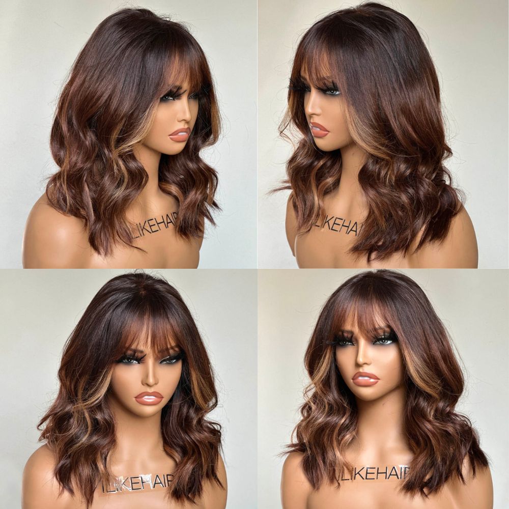 Ombre Chestnut Brown Highlights Designer Layered Wavy Curtain Bangs 5x5 Lace Closure Wig