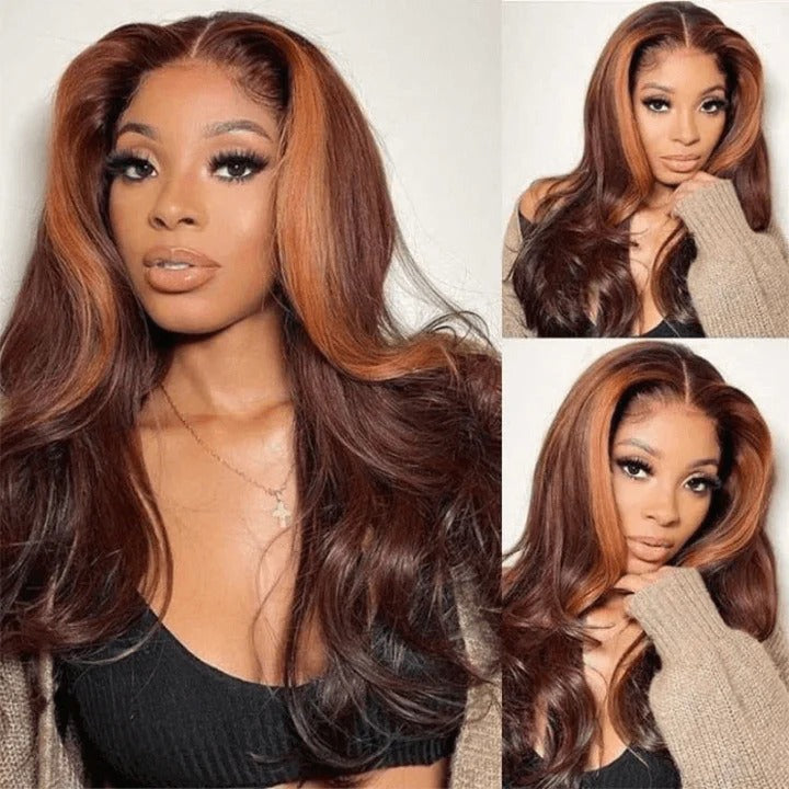 
            
                Load image into Gallery viewer, Copper Brown With Ginger Highlight Body Wave 13x4 Lace Front Wig
            
        