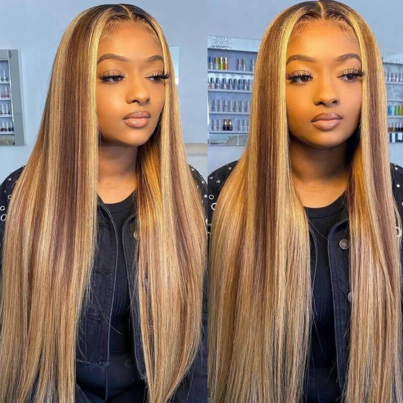 
            
                Load image into Gallery viewer, Highlight Blonde P4/27 Silky Straight Human Hair Lace Closure Wig
            
        