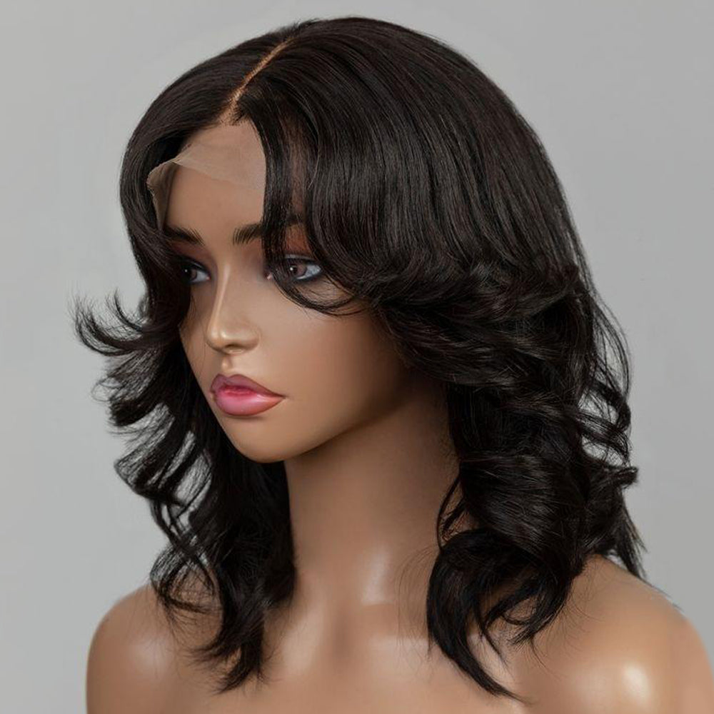 Designer Layered Short Wavy Human Hair 5x5 Lace Closure Wig - 10 inche