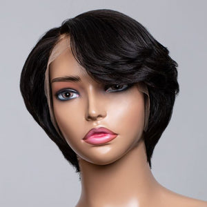 
            
                Load image into Gallery viewer, Short Black Pixie Cut with Layered Bangs 13x4 Lace Front Wig
            
        