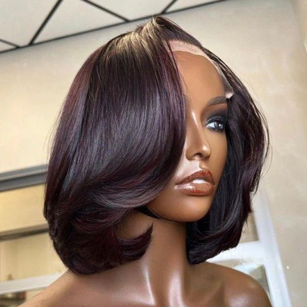 
            
                Load image into Gallery viewer, Designer Plum Red Layered Bangs BOB Hair 13X4 Lace Front Wig
            
        