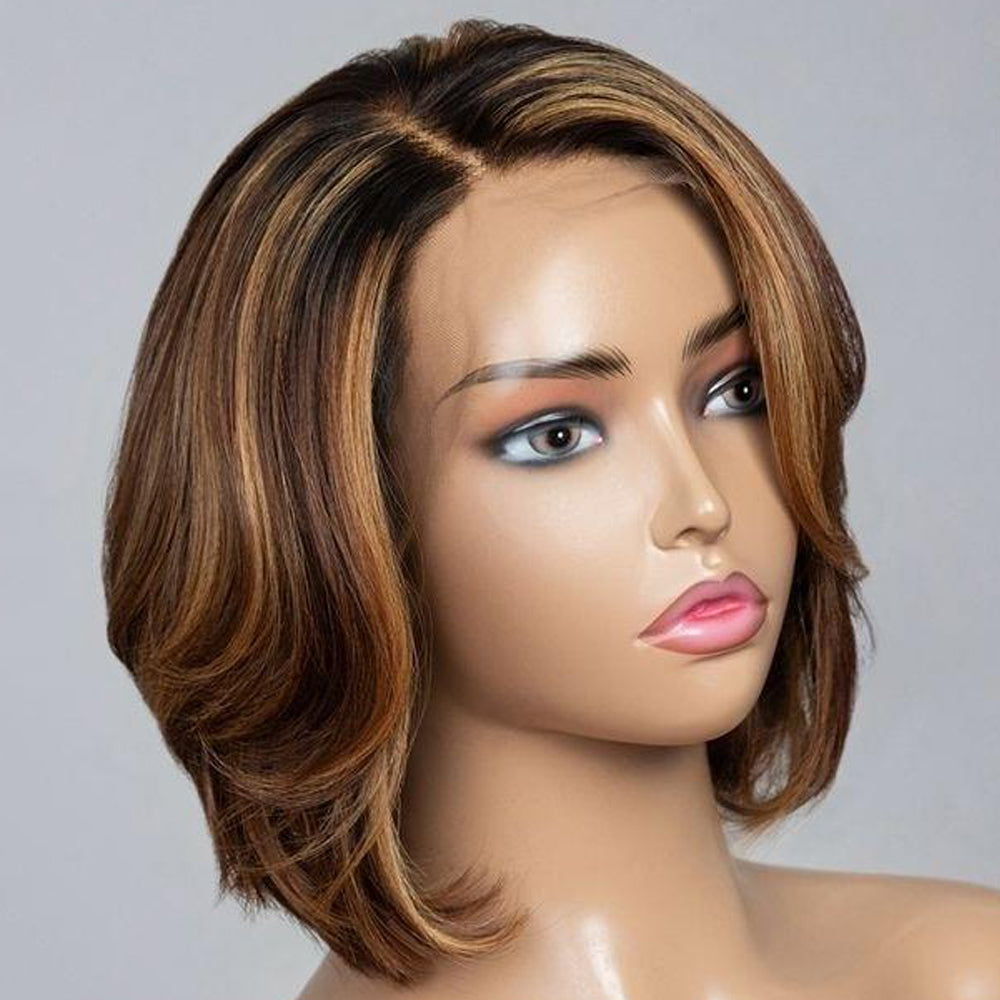 Trandy Brown with Blonde Highlights Layered 13X4 Lace Front Wig with Bangs
