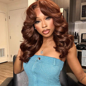 Wear & Go Chestnut Brown Layered Wavy With Curtain Bangs 5x5 Lace Closure Wig